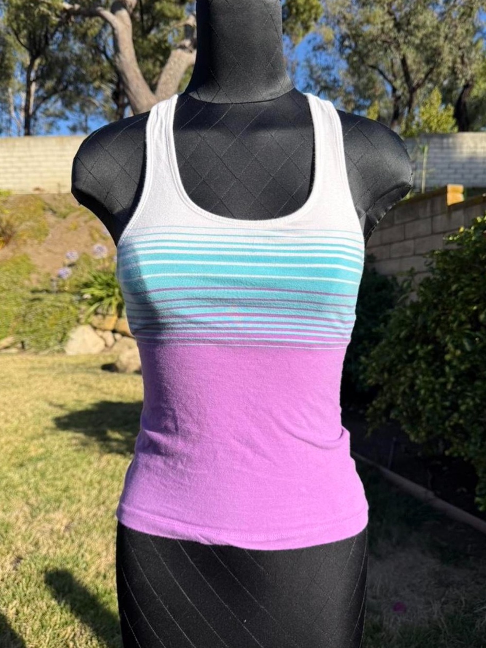 Prospirit 90% Cotton Striped Teal & White Racerback Workout Top w/ Purple Bodice
